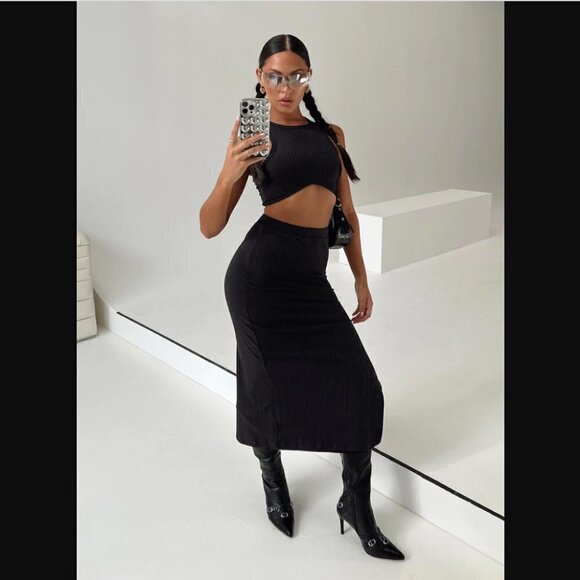 Princess Polly Ellie Black Ribbed Cropped Tank + Midi Skirt Coord Set 12 - Picture 1 of 16